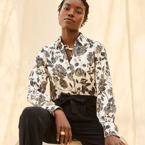 Floral Print Satin Button-Front Blouse