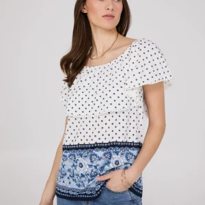 Off-The-Shoulder Textured Top With Border Print