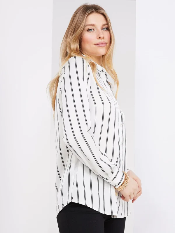 Double Pinstripe Satin Button-Front Blouse - Image 4