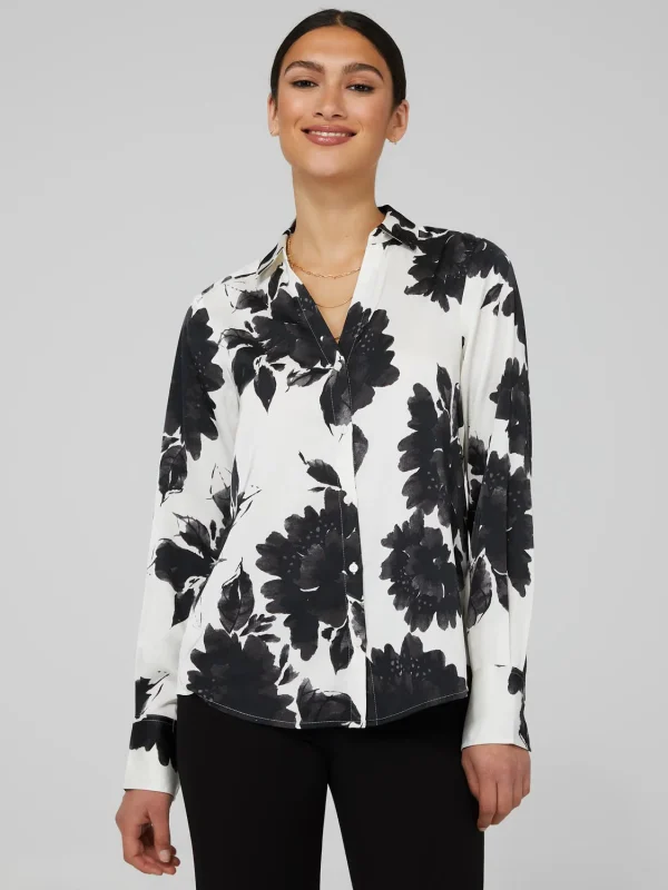 Printed Satin Split Neck Button-Front Blouse - Image 2