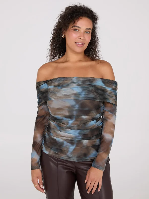 Ruched Off-The-Shoulder Printed Mesh Top - Image 2