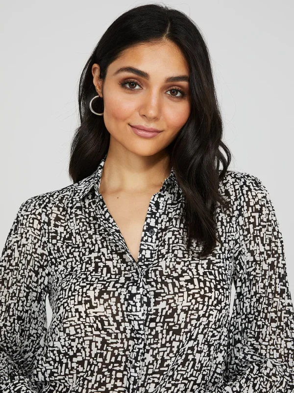 Printed Button-Front Blouse With Pleated Sleeves - Image 3