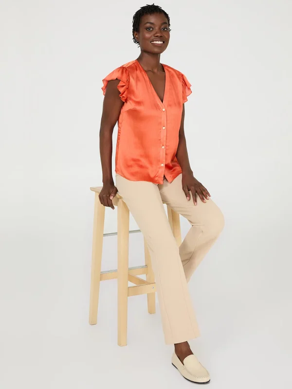 Crinkle Satin Ruffle Sleeve Button-Front Blouse - Image 3