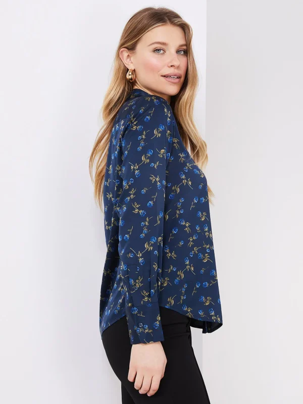 Floral Print Satin Split Neck Button-Front Blouse - Image 4