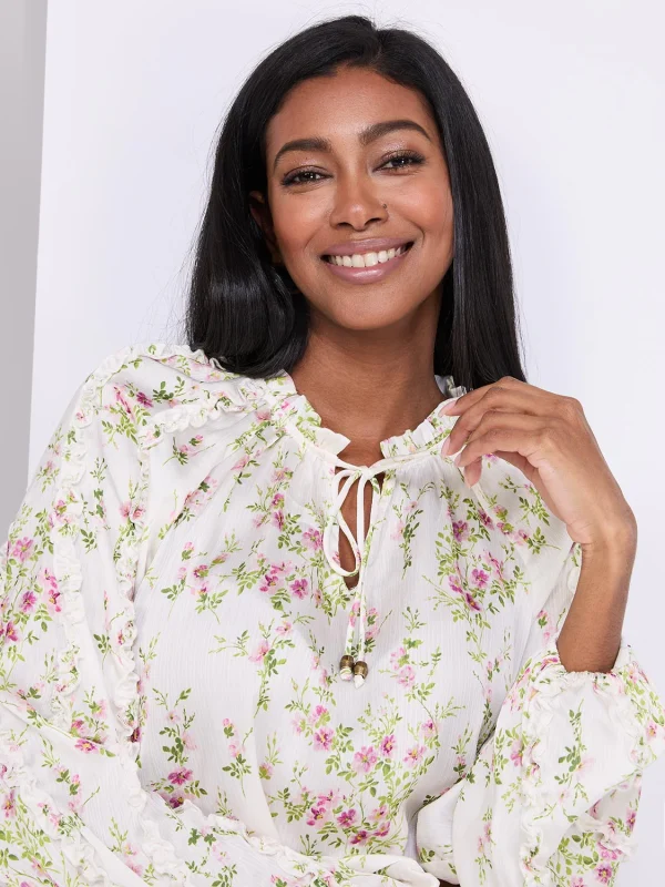 Floral Print Popover Blouse With Neck Tie - Image 2