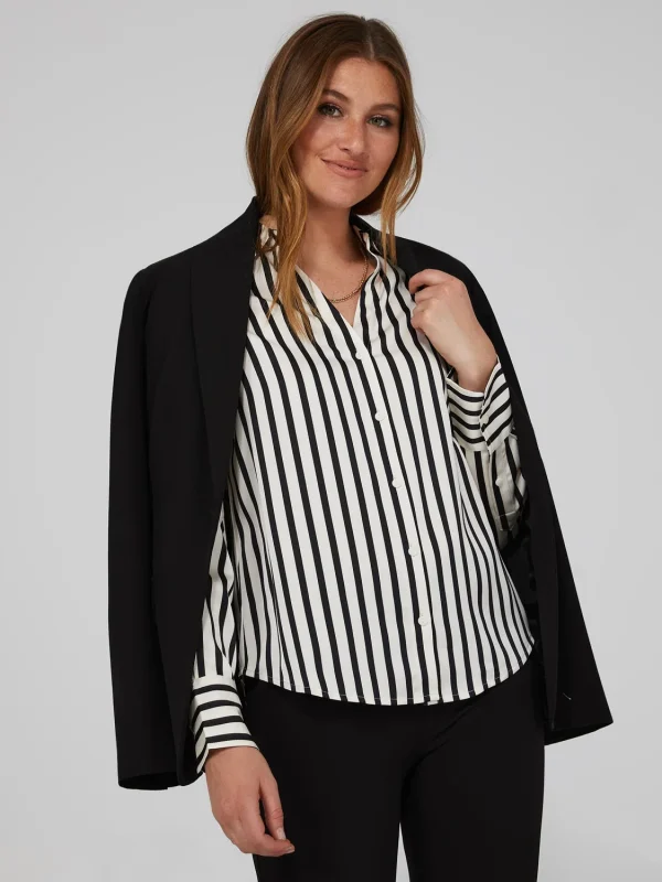 Striped Satin Split Neck Button-Front Blouse - Image 2