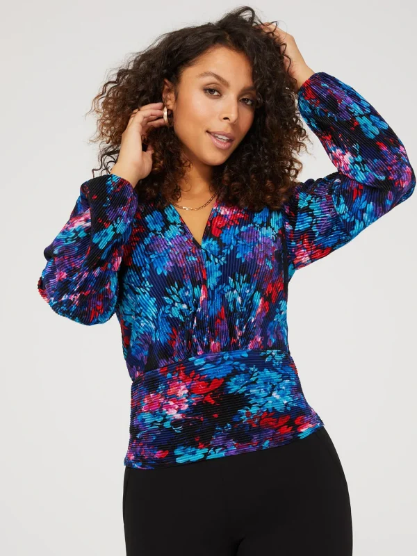 Floral Print V-Neck Plisse Long Sleeve Top - Image 2