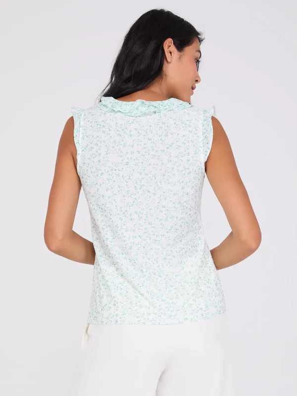 Sleeveless Floral Print V-Neck Top With Ruffle Details - Image 4