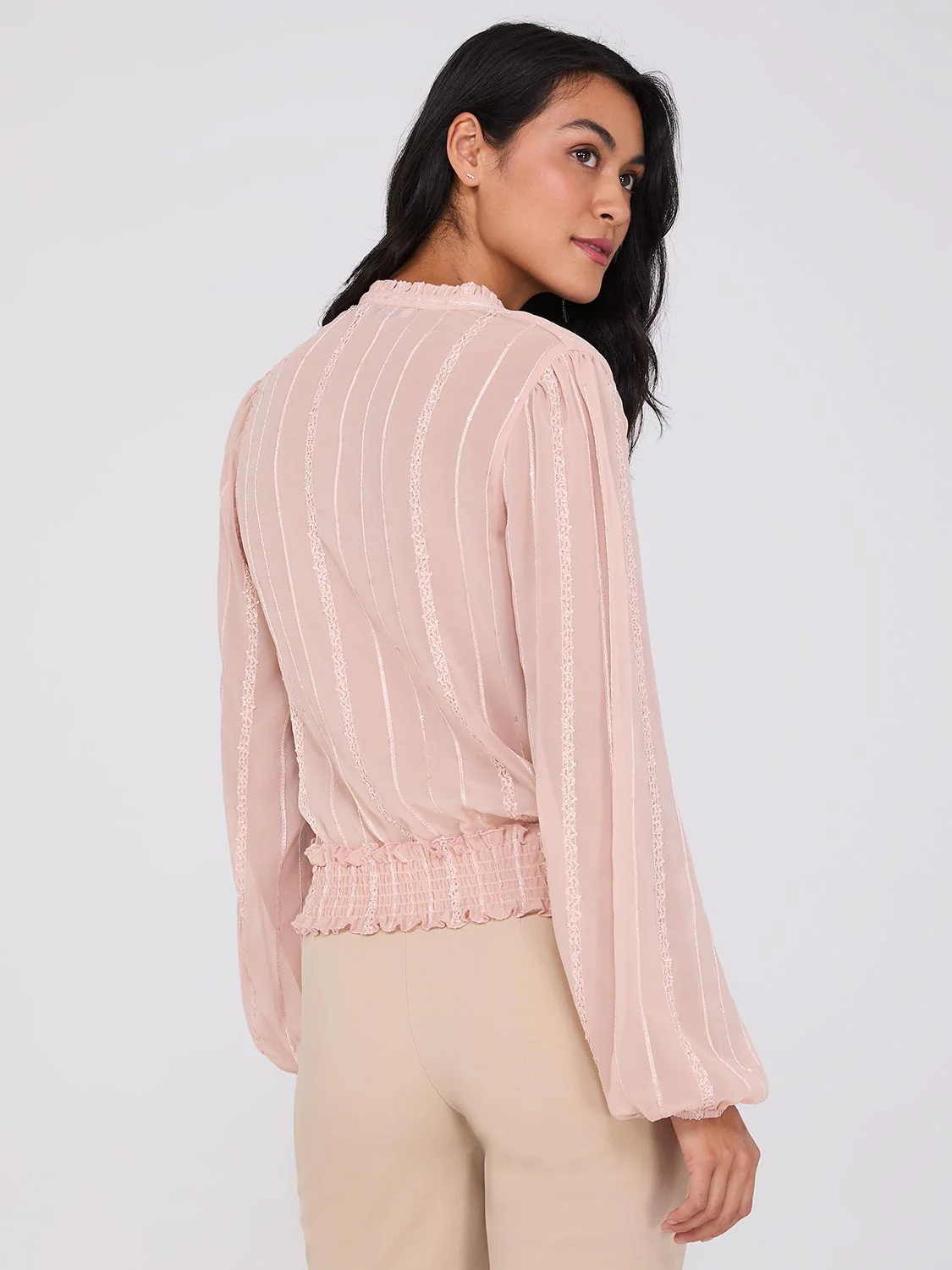 Embroidered Chiffon Top With Smocked Waistband - Image 4