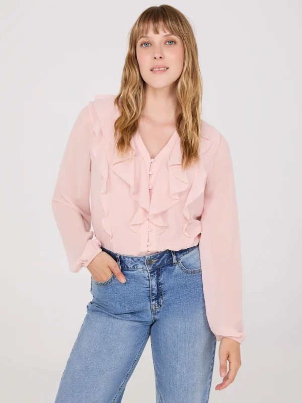 Chiffon Ruffle Button-Front Blouse - Image 2
