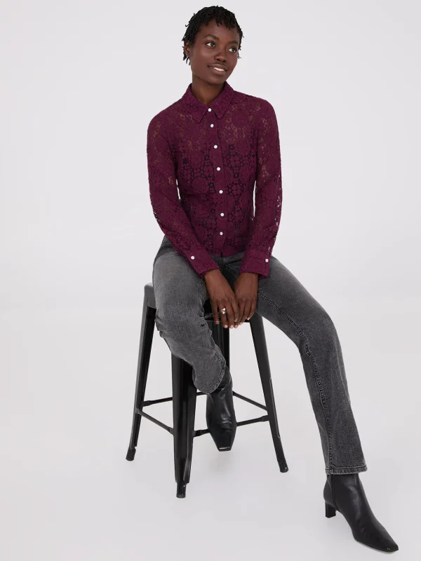 Lace Button-Front Fitted Blouse - Image 3