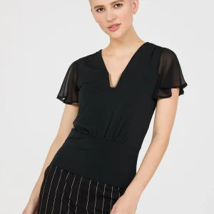 Chiffon Flutter Sleeve Top With Metal Detail