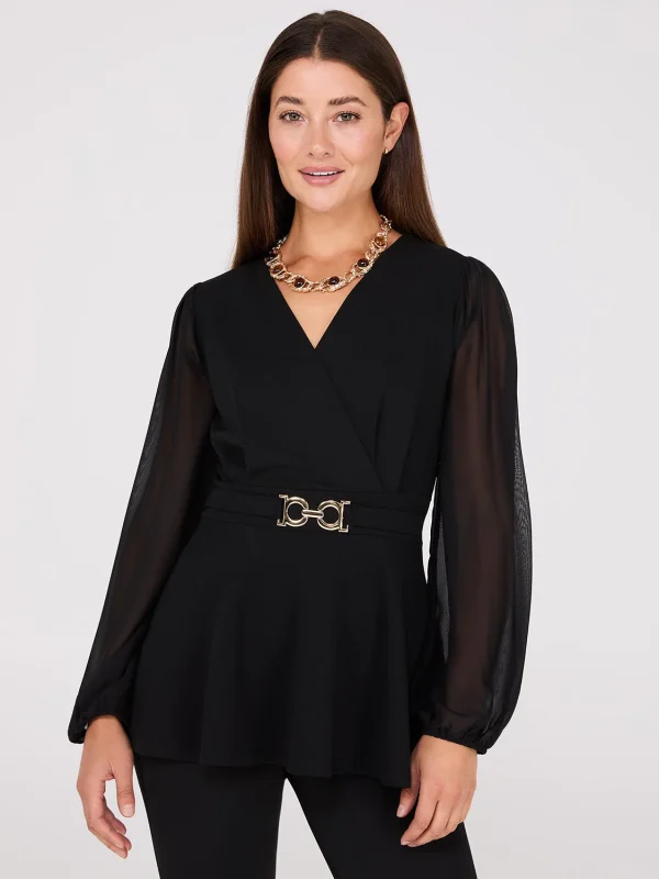 Crossover Peplum Top With Gold Buckle Belt - Image 5