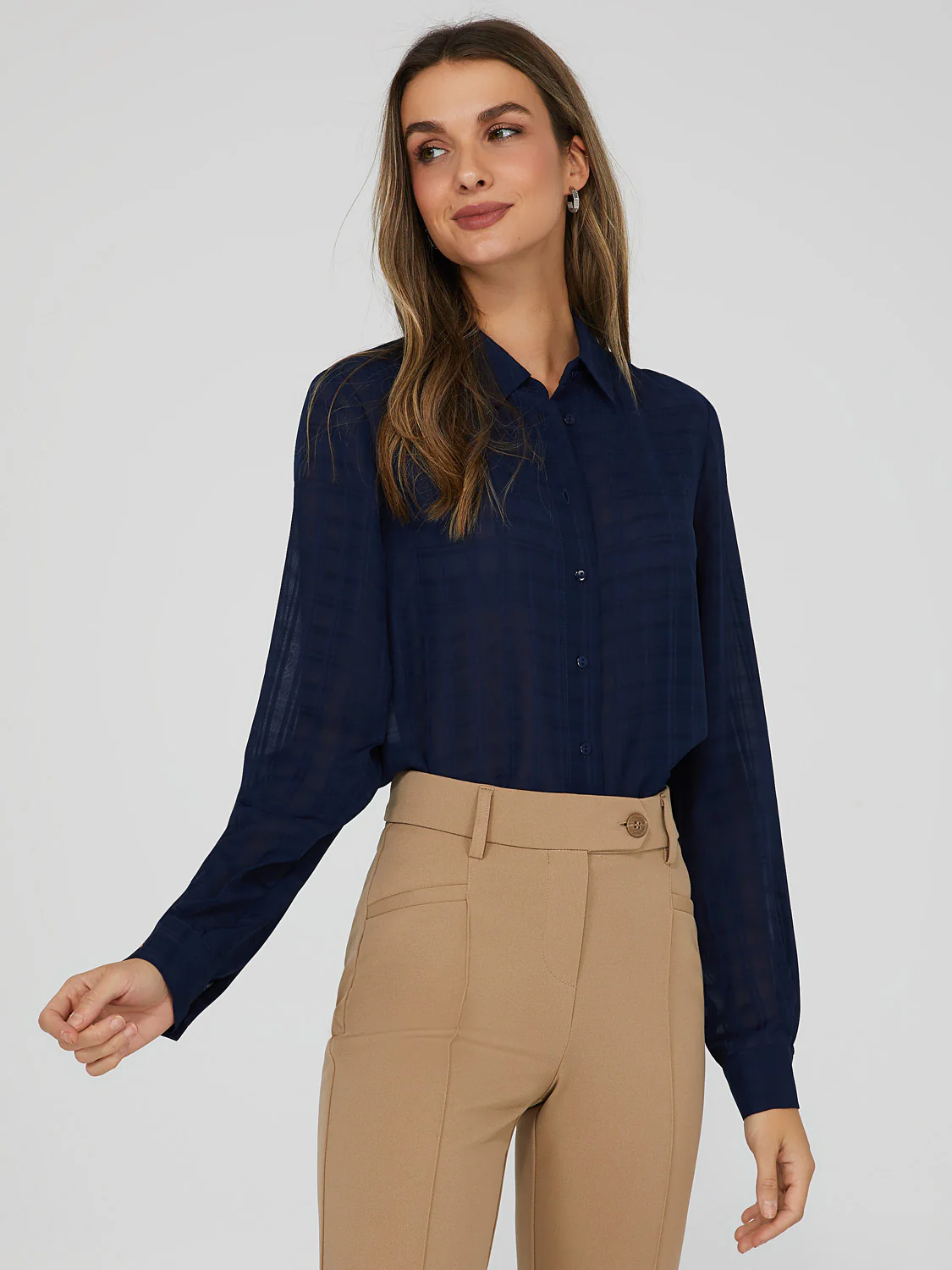 Tonal Check Sheer Button Down Blouse - Image 4