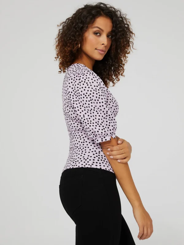 Printed V-Neck Button-Front Top With Puff Sleeves - Image 3