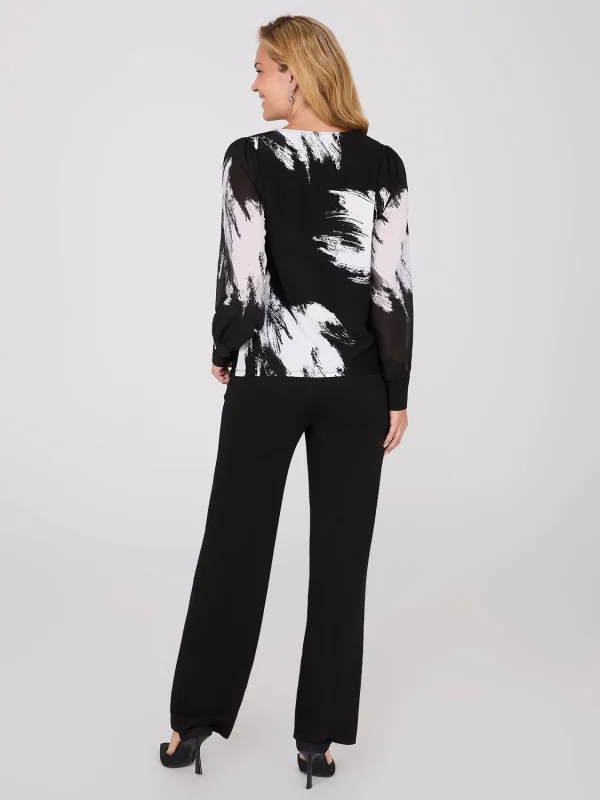 Printed Long Chiffon Sleeve Boat Neck Top - Image 4