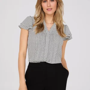 Geo Print Flutter Sleeve Button-Front Blouse
