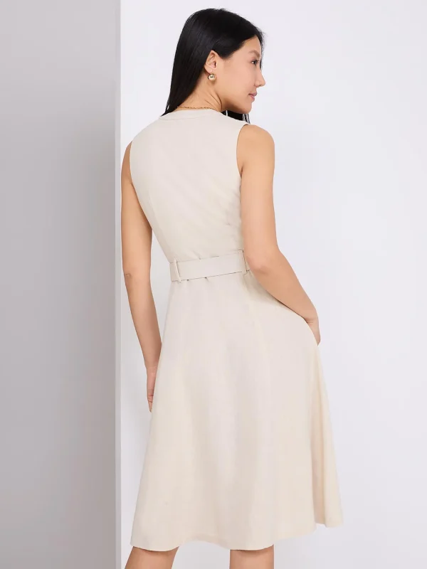 Linen Split Neck Belted Fit & Flare Dress - Image 4