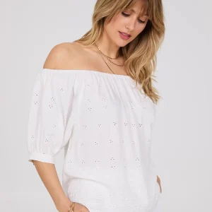 Off-The-Shoulder Puff Sleeve Eyelet Popover Top