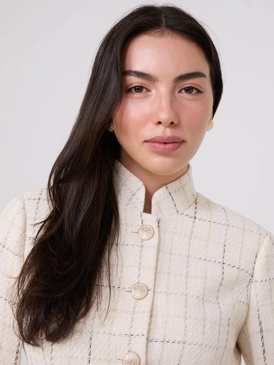 Boucle Button-Front Blazer With Mandarin Collar - Image 3