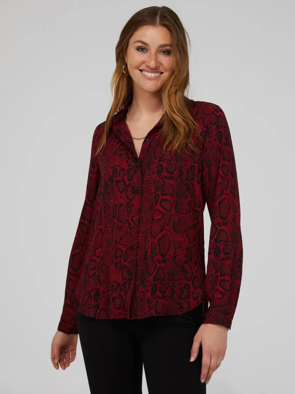 Snakeskin Print Crepe Long Sleeve Button-Front Blouse