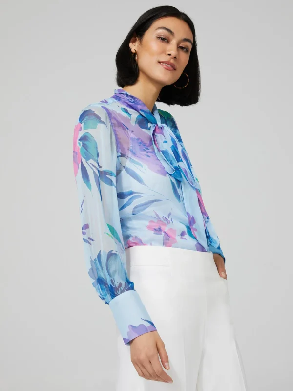Floral Print Chiffon Blouse With Neck Tie - Image 3