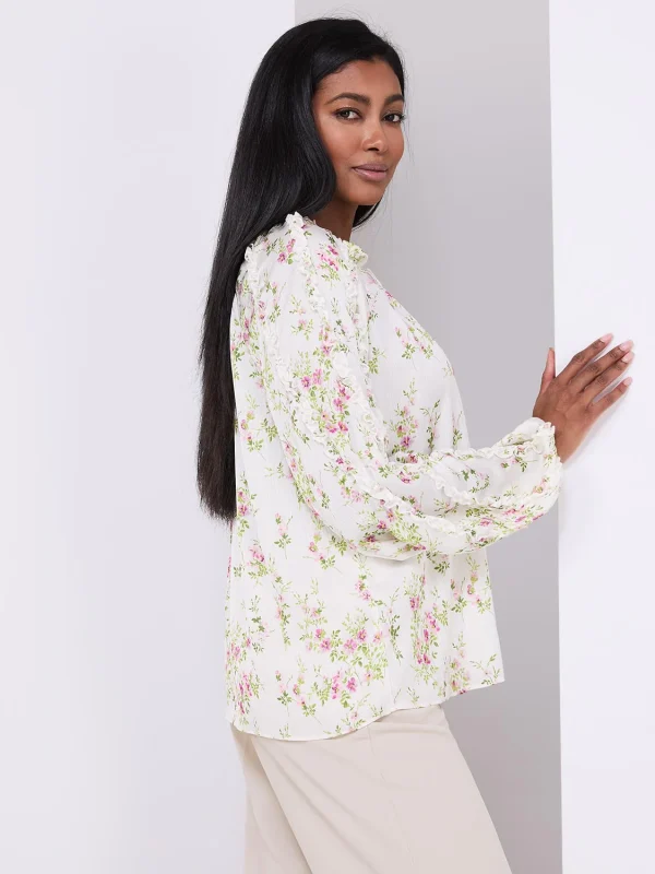 Floral Print Popover Blouse With Neck Tie - Image 4