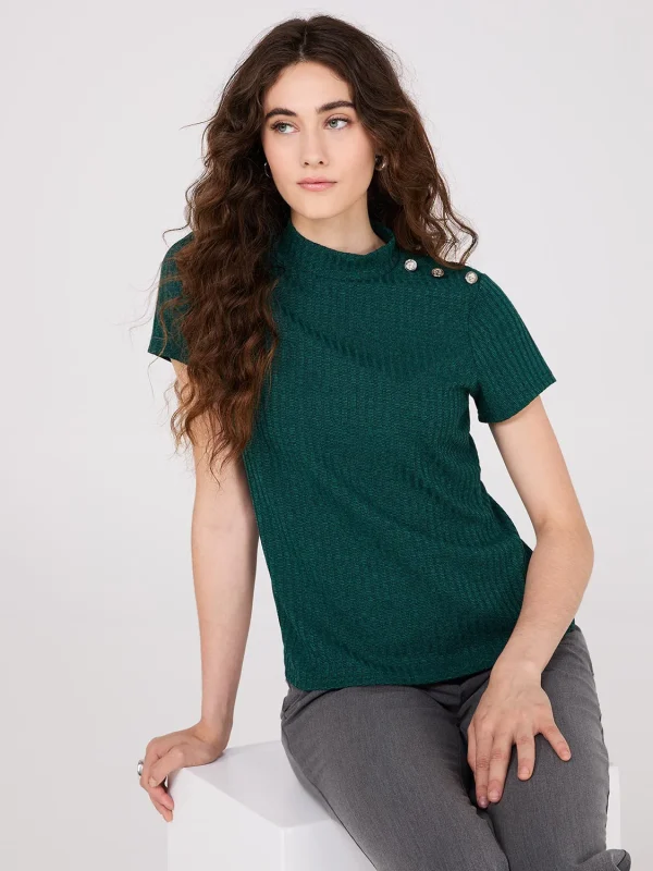 Ribbed Mock Neck Top With Button Details - Image 11