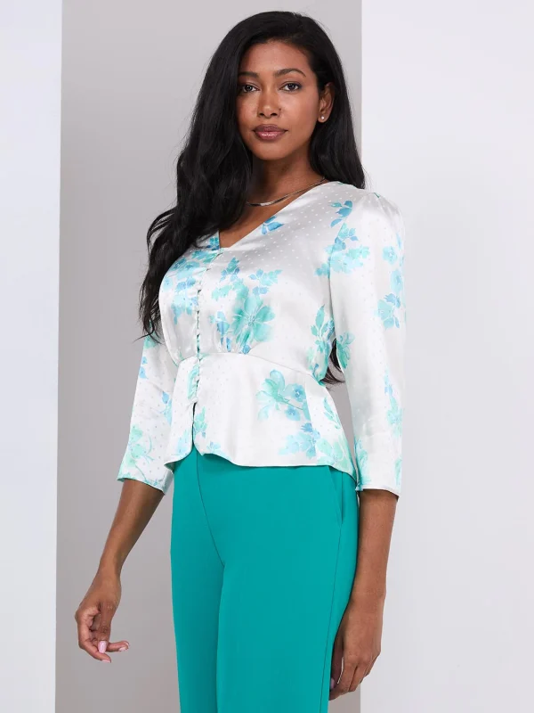 Floral Print Satin Button-Front Peplum Blouse - Image 4