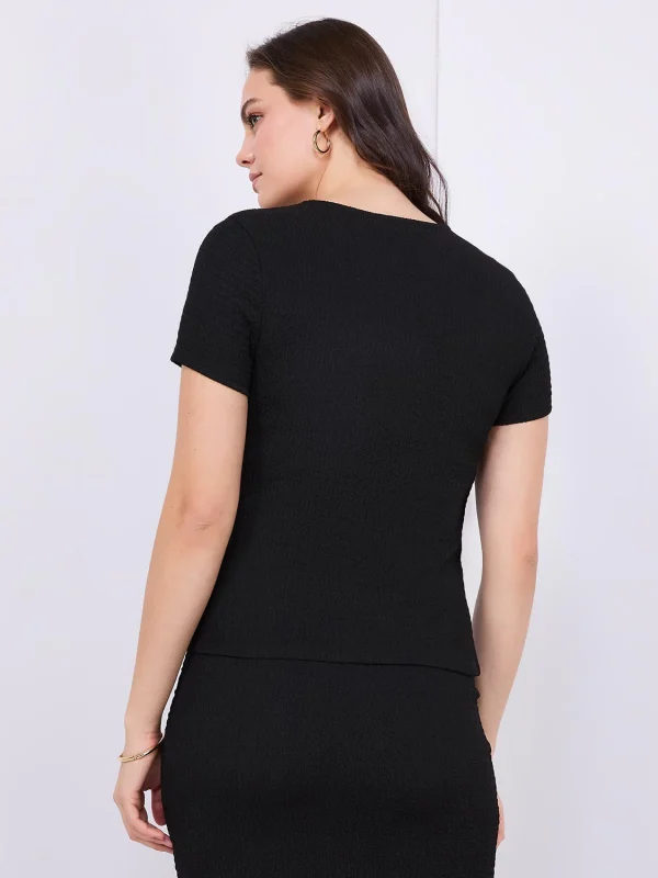 Textured Crew Neck Top With Pleat Details - Image 5