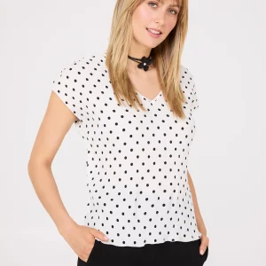 Dot Print V-Neck Pleated Top