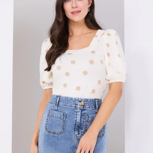 Dot Print Puff Sleeve Square Neck Top