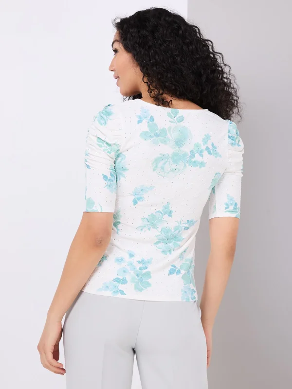 Floral Print Eyelet Top With Ruched Sleeves - Image 4