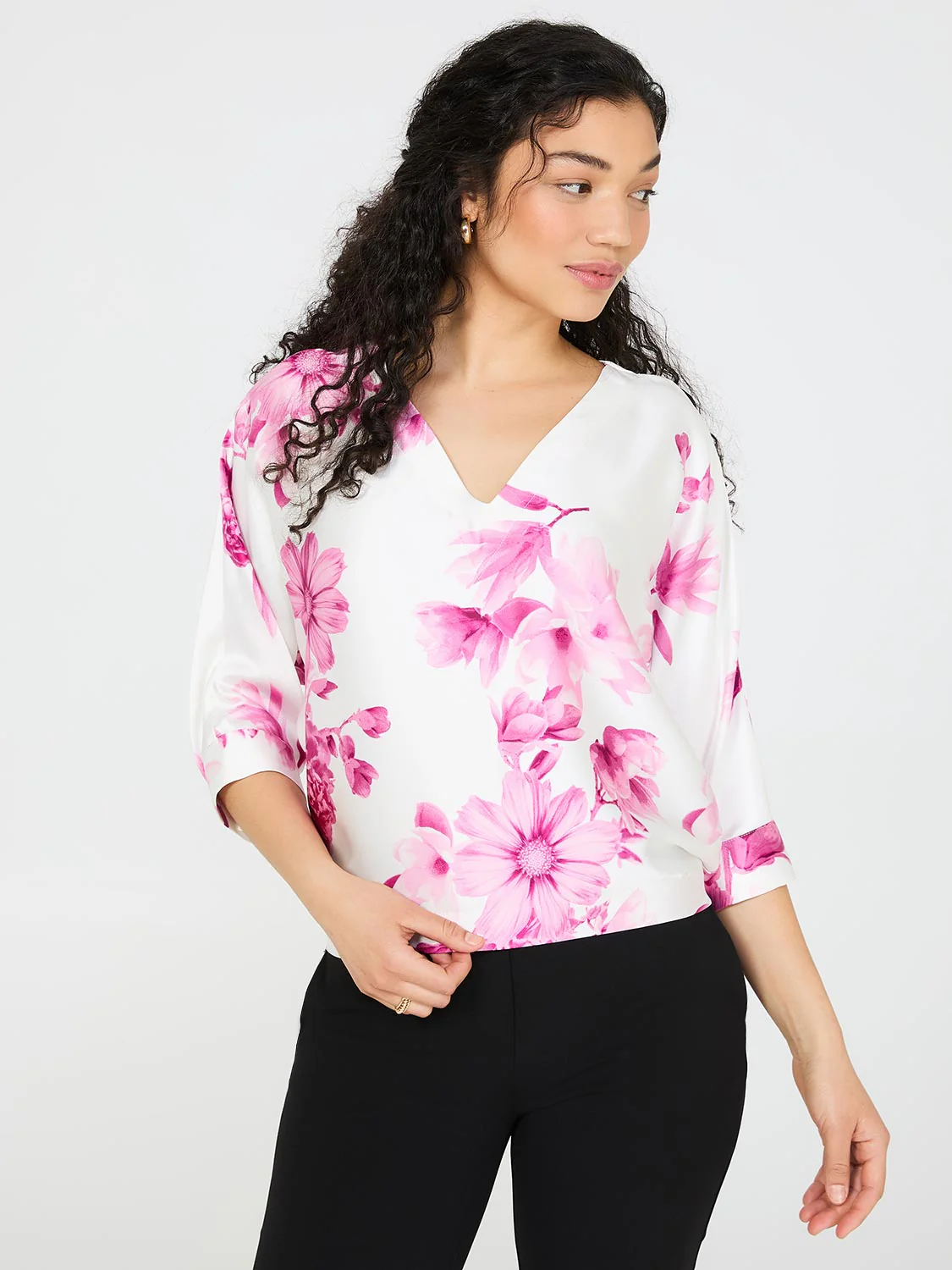 Floral Print Satin Dolman Sleeve Top - Image 2