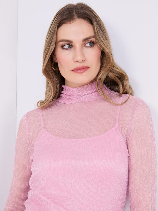 Crinkle Mesh Top With Metallic Mock Neck - Image 2