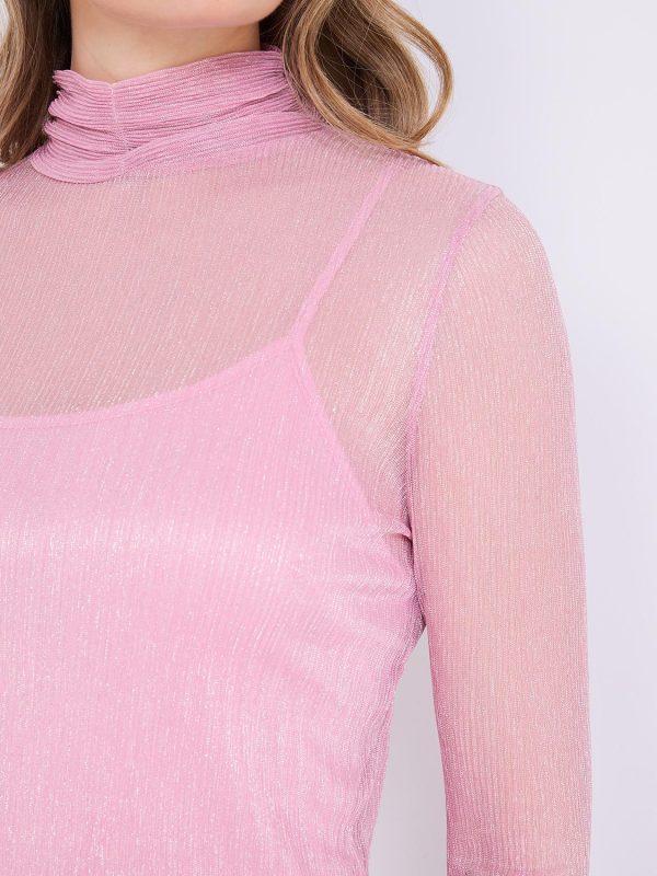 Crinkle Mesh Top With Metallic Mock Neck - Image 6