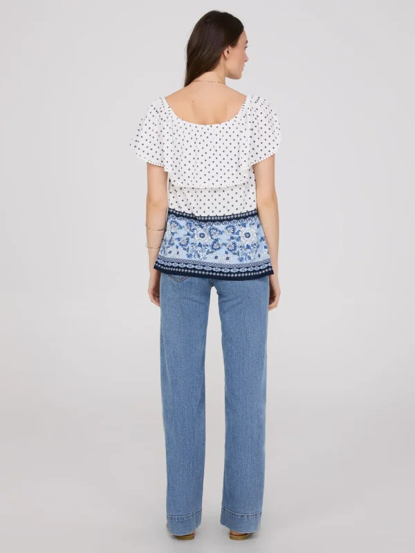 Off-The-Shoulder Textured Top With Border Print - Image 4