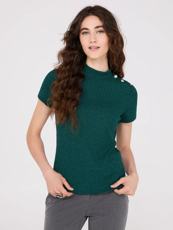 Ribbed Mock Neck Top With Button Details - Image 9