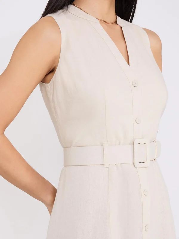 Linen Split Neck Belted Fit & Flare Dress - Image 3