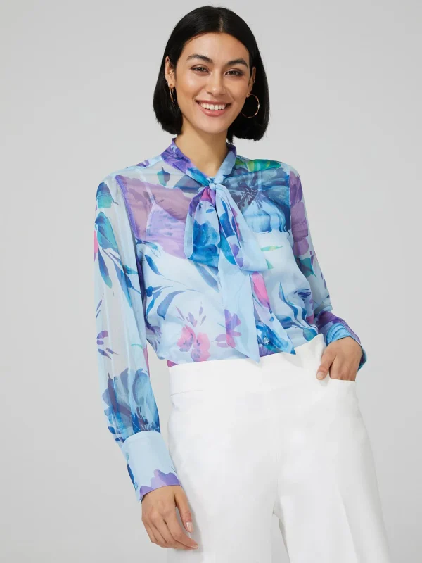 Floral Print Chiffon Blouse With Neck Tie