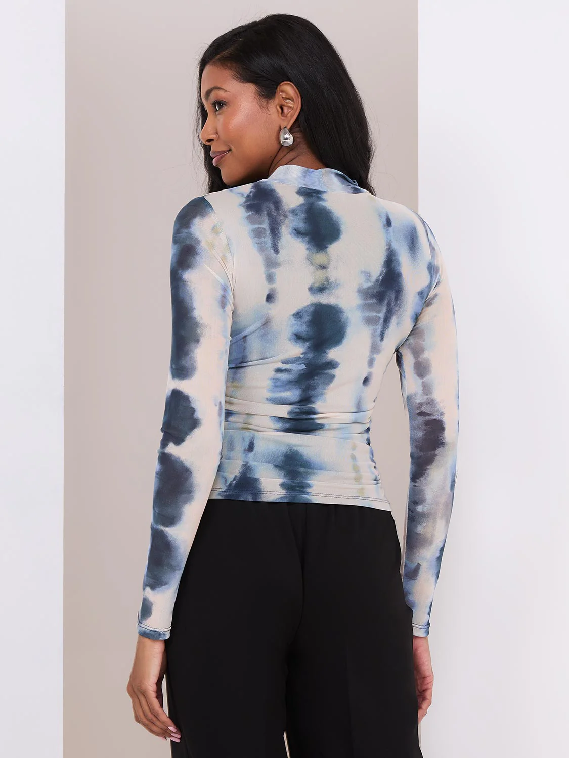 Printed Mesh Mock Neck Top - Image 5