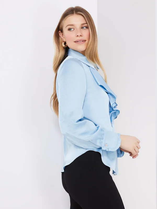 Button-Up Satin Blouse With Ruffle Front - Image 4