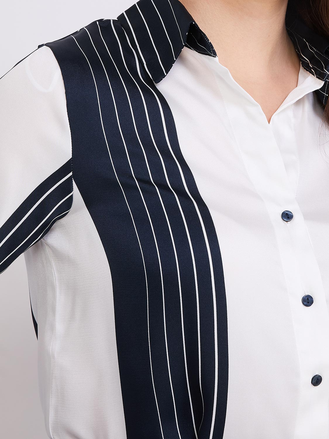 Colour Block Striped Satin Button-Front Blouse - Image 6