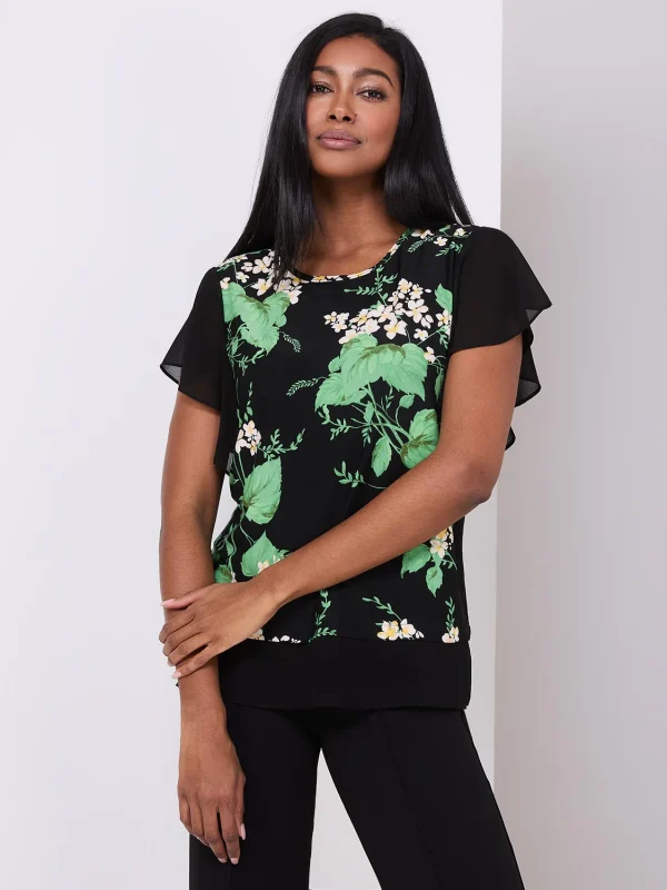 Floral Print 2-Fer Chiffon Crew Neck Top - Image 3