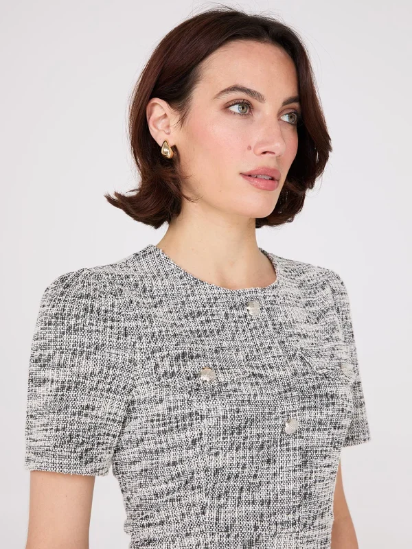 Short Sleeve Button-Front Boucle Sheath Dress - Image 2