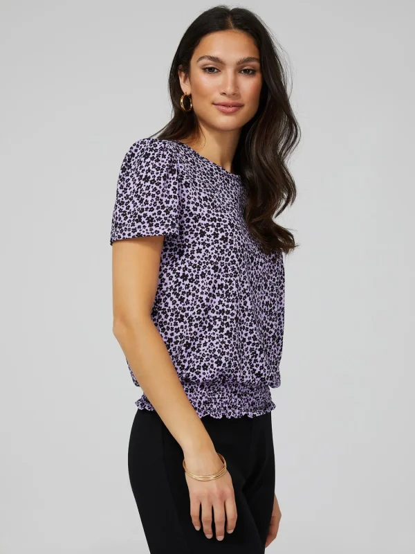 Printed Textured T-Shirt With Smocked Bottom Band - Image 4