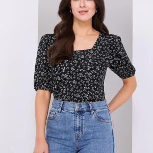 Floral Print Puff Sleeve Square Neck Top