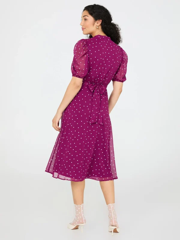 Dot Print Split Neck Dress With Balloon Sleeves - Image 4