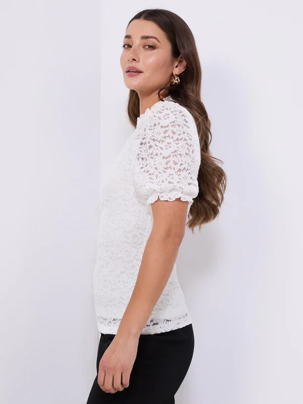 Floral Lace Mock Neck Short Sleeve Top - Image 5