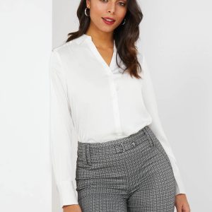 Satin Split Neck Button-Front Blouse